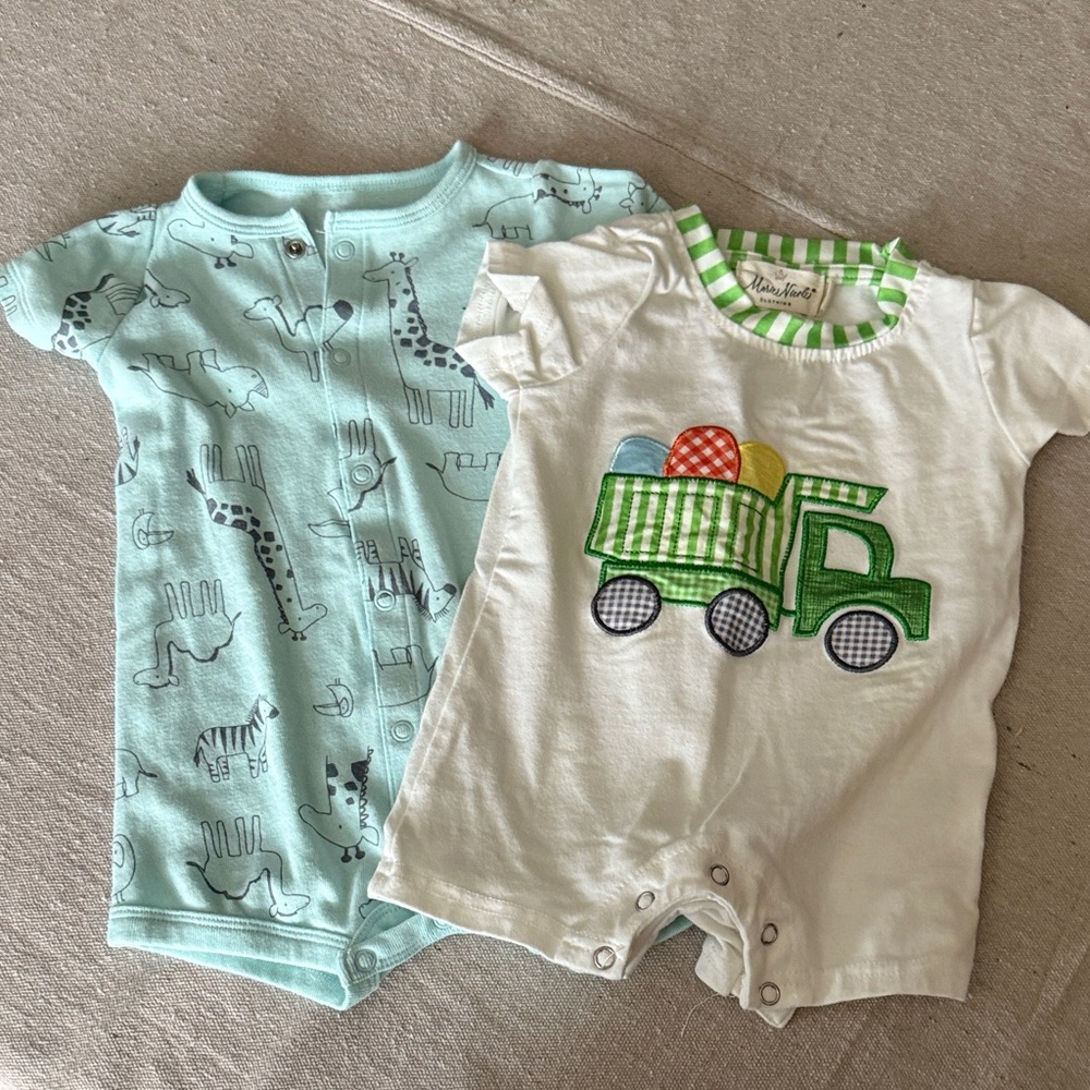 Simple Joys Baby Rompers - Green Stripes and Blue Animal Print